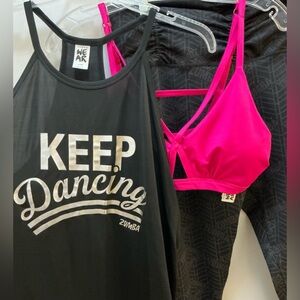 Zumba Fitness Keep Dancing Tank, Sports Bra, and Sparkly Leggings